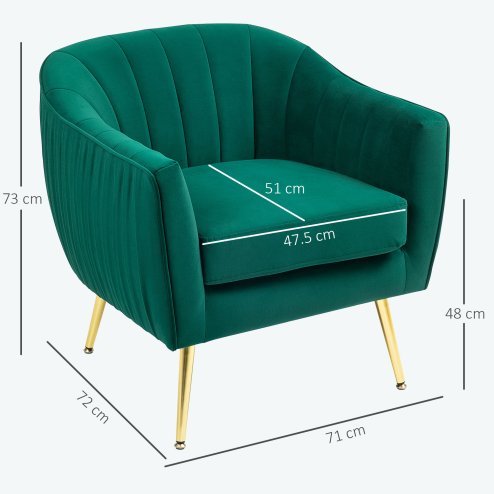 HOMCOM Velvet Tub chair, Luxury Accent Chair with Golden Metal Leg, Comfy Upholstered Armchair with Thick Padded Seat for Living Room