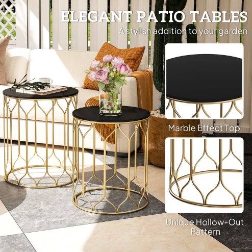 Outsunny Garden Side Table Set of 2, Nesting Tables with Ceramic Tile Top, Indoor Outdoor Small Garden Tables, Multifunctional End Tables with Metal Frame for Patio, Balcony, Porch, Black