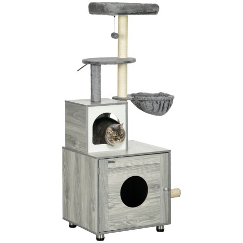PawHut Cat Tower with Litter Box Enclosure, Cat Tree for Indoor Cats with Cat House, Scratching Post, Hammock, Grey