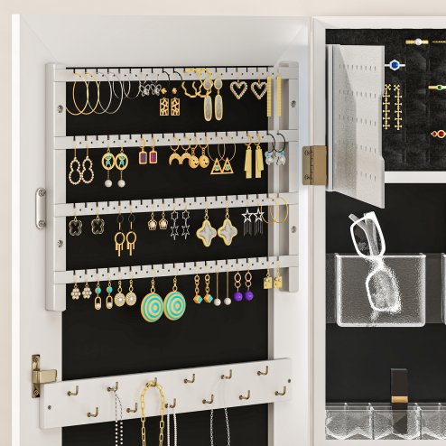 HOMCOM Jewellery Cabinet with LED Lights, Door Hanging or Wall Mounted Full Length Mirror with Storage, Lockable Jewellery Organiser, White Surface and Black Lining