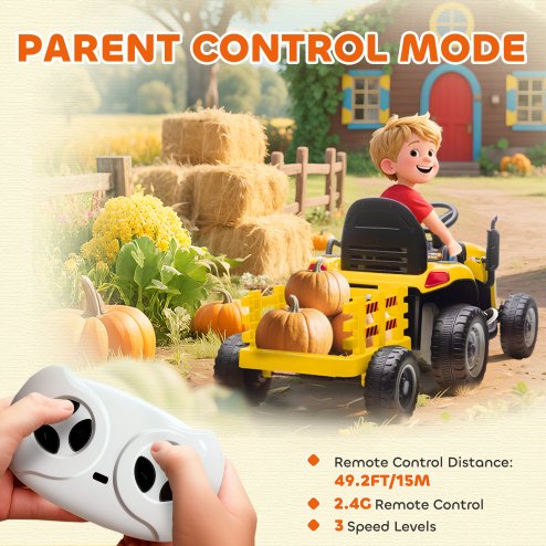 AIYAPLAY Ride on Tractor with Trailer, 12V Electric Vehicle with Remote Control, Ride on Car for Kids with Music, Shifter, Start-Up Sound for Ages 3-8 Years, Yellow