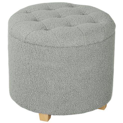 HOMCOM 45cm Round Storage Ottoman, Teddy Fleece Footstool with Removable Lid and Wood Legs, Button Tufted Vanity Stool for Living Room Bedroom Hallway