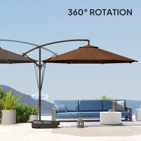 Outsunny 3(m) Garden Cantilever Parasol with Fillable Base up to 90kg, Wind Protection Strap, Cover, Round Banana Hanging Umbrella with Crank Handle and Tilt, UPF50+ Patio Umbrella, Brown