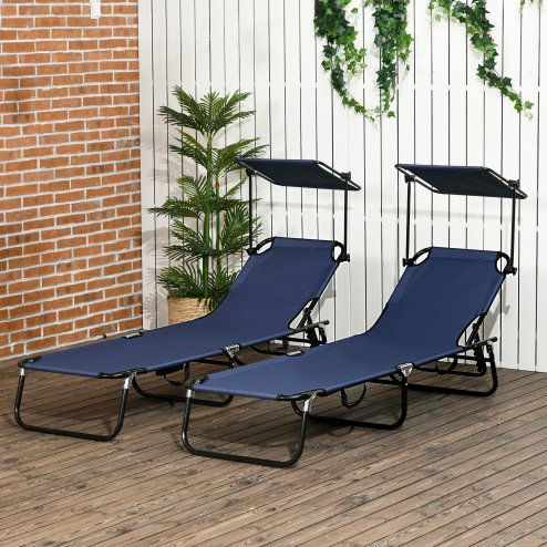 Outsunny 2 Piece Folding Sun Loungers with Canopy, Adjustable Recliner Garden Chairs with Side Pocket, Steel Frame and Breathable Mesh for Outdoor, Pool, Beach, Garden, Dark Blue
