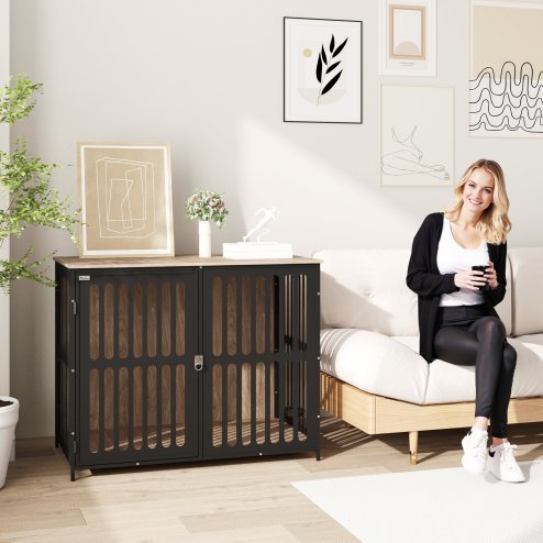 PawHut Dog Crate Furniture, Dog Cage Side End Table Indoor with Anti-Chew Resistant Mesh, Anti-Escape Door, for Large Pet, 100 x 60 x 81.5 cm, Walnut Brown