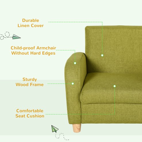 HOMCOM Children's Armchairs Toddler Chair Wood Frame Anti-Slip Legs High Back Bedroom Playroom Furniture Green
