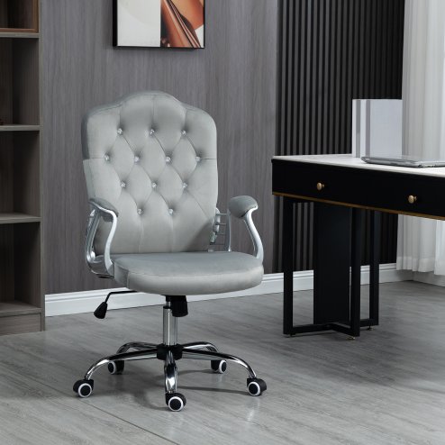 Vinsetto Home Office Chair, Velvet Computer Chair, Button Tufted Backrest with Swivel Wheels, Adjustable Height and Tilt Function, Grey