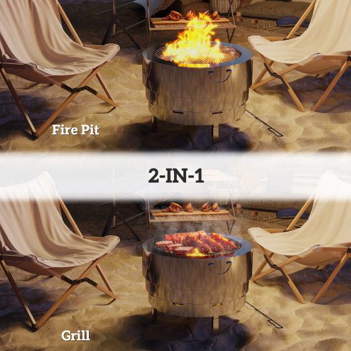 Outsunny Outdoor Round Fire Pit with Grill Net, Portable Wood Burning Firepit with Poker and Foldable Legs, Stainless Steel for Patio Bonfire BBQ Camping, Silver