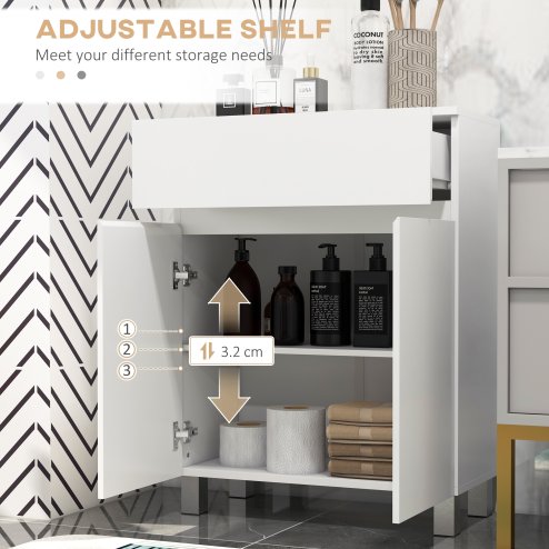 kleankin High Gloss Bathroom Cabinet, Free Standing Storage Cupboard with Drawer and Adjustable Shelf, White