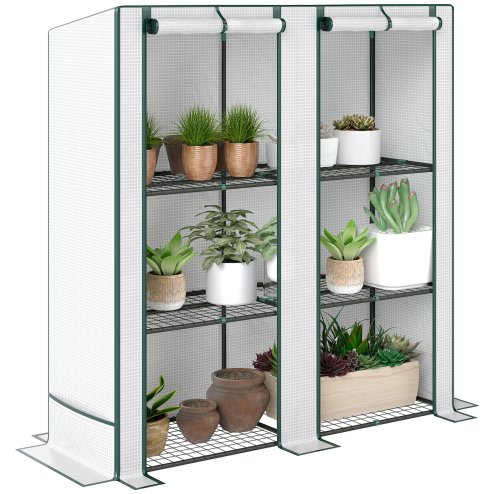Outsunny 3 Tier Lean-to Mini Greenhouse with Reinforced PE Cover, Portable Small Greenhouse with Roll-Up Door, Green Hemmed Edging, 144 x 48 x 152cm, White
