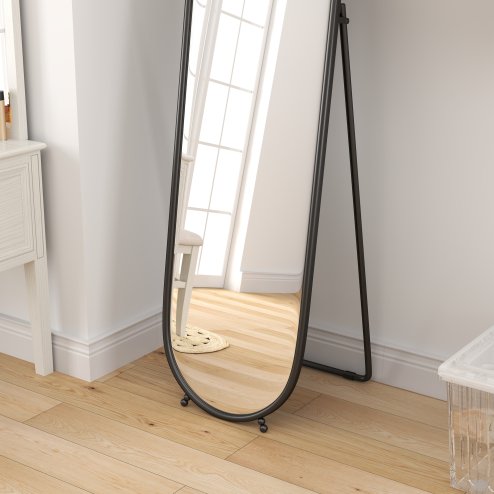 HOMCOM 40 x 160cm Full Length Mirror, Floor Standing or Leaning Against Wall Tall Mirror with Support Frame, Oval Full Body Mirror for Bedroom, Living Room, Black