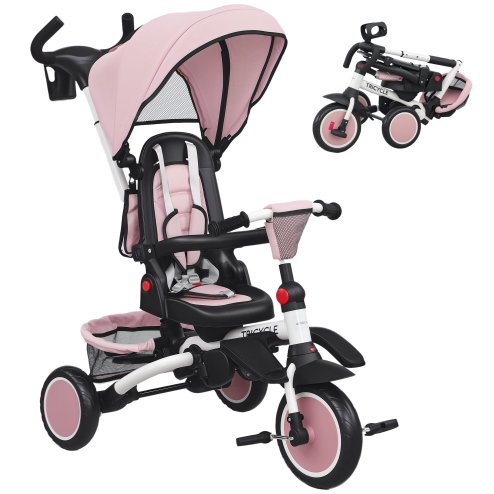 AIYAPLAY Kids Trike, 6 in 1 Toddler Tricycle with Adjustable Parent Handle & Canopy, Convertible Seat, for Ages 1-5 Years, Foldable Baby Trike with Safety Harness, Storage Basket & Bag, Pink