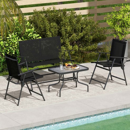 Outsunny Outdoor?4 Pieces Patio Furniture Set with Breathable Mesh Fabric?Seat & Backrest,?Garden Set with Two Foldable Armchairs, a Loveseat &?Glass?Top?Table, Black