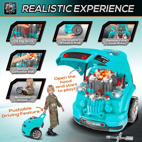 HOMCOM Kids Truck Engine Toy Set Toddler Educational Car Service Station w/ RC Car Key Steering Wheel Horn Light, Mechanic Gifts for Ages 3-5 Years - Teal