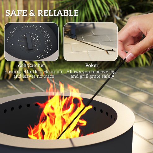 Outsunny Portable Fire Pit, 58 cm Round Firepit with Grill Grate, Fire Bowl with Ash Catcher and Poker, Fire Pit BBQ for Garden Camping Bonfire Picnic, Black