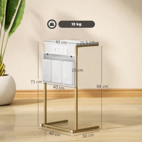 HOMCOM C-Shaped Bedside Table with Charging Station, Marble Grain Side Table with Power Outlets & USB Ports, Storage Bags, for Bedroom, Living Room, White