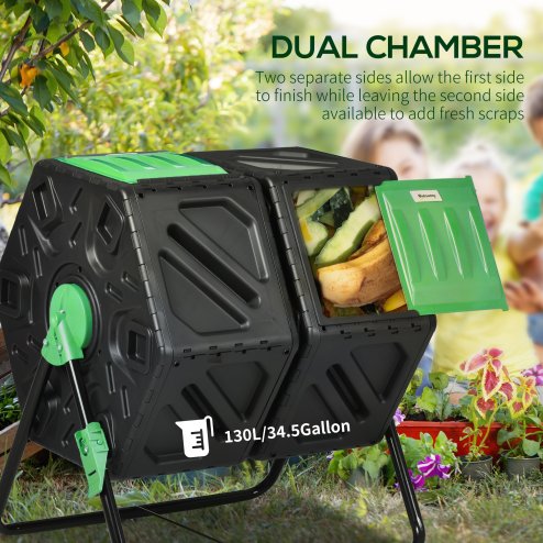 Outsunny Dual Chamber Garden Compost Bin, 130L Rotating Composter, Compost Maker with Ventilation Openings and Steel Legs, Green and Black