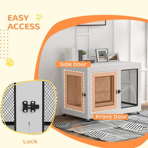 PawHut Dog Crate Furniture End Table w/ Soft Washable Cushion, Two Doors, Indoor Pet Kennel for Small Medium Large Dogs w/ Wire Mesh, White