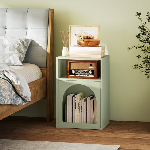 HOMCOM Bedside Table, Modern Bedside Cabinet with 2 Open Compartments and Unique Arch Design, Side Table for Living Room, Bedroom, Light Green
