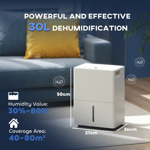 HOMCOM 30L/Day Dehumidifier with Activated Carbon Air Filter, Continuous Drainage, 4.7L Water Tank, 24H Timer, Dehumidifier for Home Damp, Bedroom, Condensation, Mould, Laundry Drying