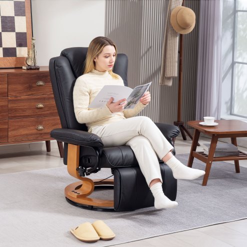 HOMCOM Manual Recliner Chair with Footrest, Upholstered Reclining Armchair with Adjustable Backrest and Steel Frame, PU Leather Swivel Chair for Living Room, Bedroom, Black