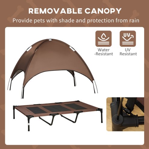PawHut Raised Dog Bed Waterproof Elevated Pet Cot with Breathable Mesh UV Protection Canopy Brown, for XL Dogs, 122 x 92 x 108cm