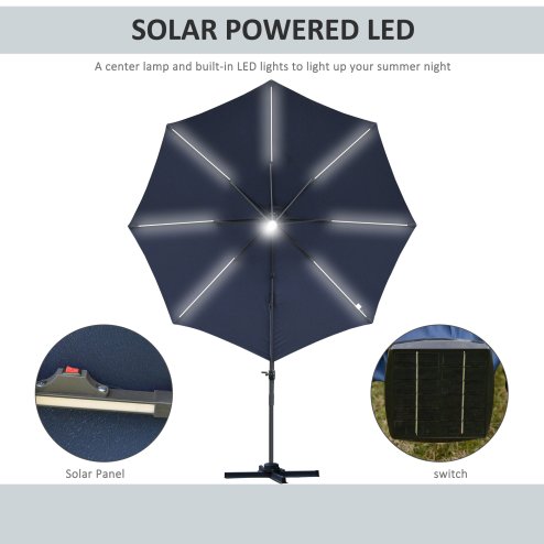 Outsunny 3(m) Cantilever Roma Parasol Garden Sun Umbrella Outdoor Patio with 360 Rotation Crank & Tilt Aluminium Frame LED Solar Light Cross Base, Blue