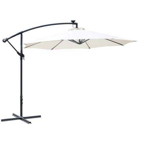 Outsunny 3(m) Banana Cantilever Parasol with Solar LED Lights, Garden Umbrella with Cross Base and Crank Handle, Hanging Offset Sun Shade for Outdoor, Patio, Cream White