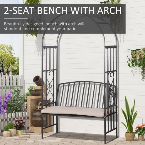 Outsunny Garden Metal Arch Bench, Outdoor Furniture Chair with Cushion Outdoor Patio Rose Trellis Arbour Pergola, for Climbing Plant 114L x 60W x 206H cm