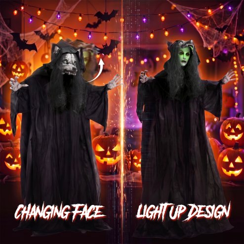 HOMCOM 170cm Life Size Animated Pop-Up Ghost with Werewolf Mask, Halloween Decorations Outdoor Indoor, Scary Halloween Animatronics Decor with Sound Touch Activated, Light Up Animated Prop