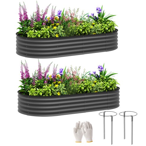 Outsunny Set of 2 Raised Beds for Garden, Outdoor Galvanised Planter Box with Plant Support Stakes, Rubber Strap Edging and Bottomless for Flower, Vegetable, 181 x 93 x 30 cm, Dark Grey