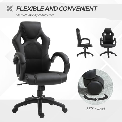 Vinsetto Gaming Chair Faux Leather Swivel Computer Racing Gamer Desk Chair for Home Office with Wheels, Black