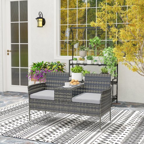 Outsunny 2 Seat Rattan Garden Bench, Patio Wicker Chair with Glass Tea Table, Outdoor Love Seat with Padded Cushions, for Garden, Porch, Charcoal Grey/Grey