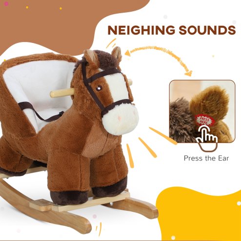 AIYAPLAY Kids Rocking Horse, Plush Ride on Horse, with Sound, Wood Base, Seat Safety Belt, for Ages 18-36 Months, Brown