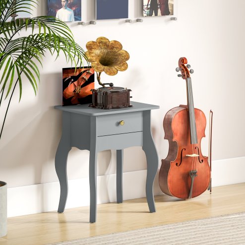 HOMCOM French Style Side Table with Drawer, End Table with Curved Legs, Bedside Table for Living Room, Bedroom, Grey