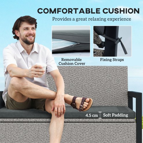 Outsunny Garden Storage Bench with 151.5L Capacity, Inner Bag, 2 Seater PE Rattan Outdoor Garden Bench with Storage, Cushion, Wicker Outdoor Bench Loveseat for Patio, Grey