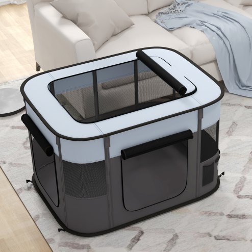 PawHut Dog Pen, Pet Playpen, Portable Foldable Dog Cat Playpen Soft Pet Cage with Storage Bag for Puppies, Rabbits, Kittens, Guinea Pigs, 94 x 74 x 60cm - Grey