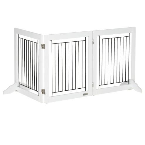 PawHut Freestanding Dog Cate, Foldable Wooden Pet Gate with  - 61cm Tall, for Stairways, Doorways, Hallways, Small Dogs - White