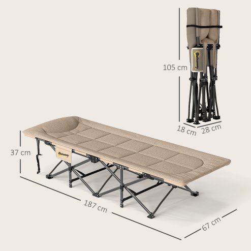 Outsunny Folding Camping Bed for Adults with Cushion, Heavy Duty Portable Travel Camping Cot with Headrest, Side Pocket and Non-Slip Foot Pads for Outdoor Beach Travel Office, Khaki