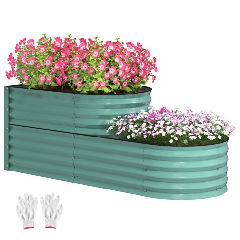 Outsunny 2-Tier Raised Garden Bed, Outdoor Galvanised Planter Box with Safety Edging and Gloves, Metal Raised Bed with Open Bottom for Vegetables, Flowers, Fruits and Herbs, Dark Green