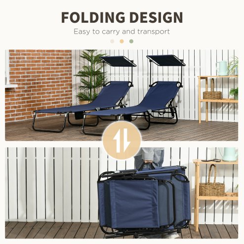 Outsunny 2 Piece Folding Sun Loungers with Canopy, Adjustable Recliner Garden Chairs with Side Pocket, Steel Frame and Breathable Mesh for Outdoor, Pool, Beach, Garden, Dark Blue