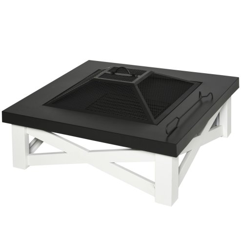 Outsunny Outdoor 3 in 1 Square Fire Pit Brazier with BBQ Grill, Metal Large Firepit with Lid, Log Grate, Poker for Backyard, Camping, Bonfire, Wood Burning Stove, 86 x 86 x 38cm, Black