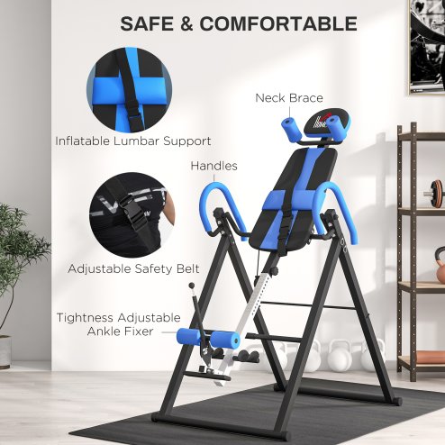 HOMCOM Gravity Inversion Table w/ Safety Belt Adjustable Hand Stand Home Back Stretcher Machine For Muscle Pain Relief, Blue