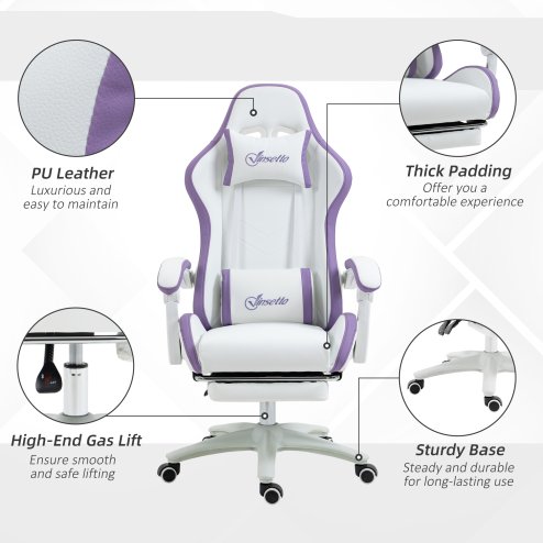 Vinsetto Computer Gaming Chair, PU Leather Office Desk Chair with Footrest, Swivel Wheels, 135?? Reclining Back, Lumbar Support, Headrest for Home, White and Purple