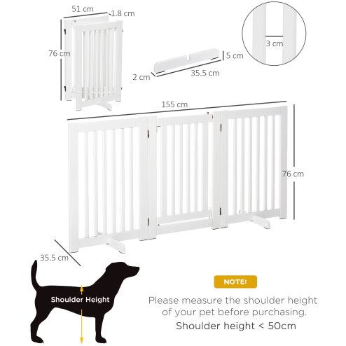 PawHut Freestanding Dog Gate, Foldable Pet Fence, Indoor Barrier, Stair Gate with Support Feet, 155 x 76 cm, White