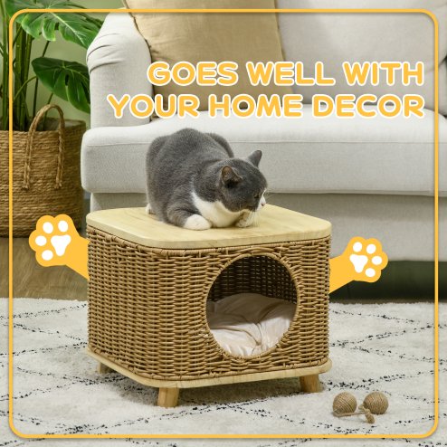 PawHut Wicker Cat House, Elevated Design Rattan Cat Bed Basket with Washable Soft Cushion, Door Hole, for Indoor Cats Kittens, Light Brown