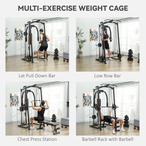 SPORTNOW 3-In-1 Smith Machine, Multifunctional Power Cage with Dual Cable Pulley System, Chest Press Station, 17-Level Squat Rack and Barbell Bar, Home Gym System