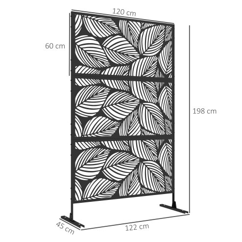 Outsunny Decorative Garden Privacy Screen with Stand, 6.5FT Freestanding Metal Outdoor Divider, Decorative Privacy Panel with Expansion Screws for Garden Pool Hot Tub, Leaf Style, Black