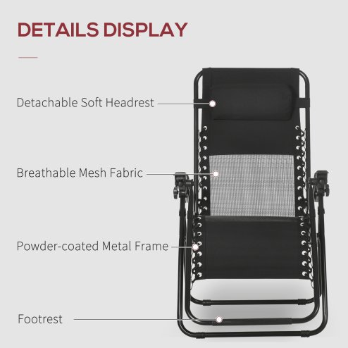Outsunny Garden Recliner Chairs Set of 2, Outdoor Foldable Zero Gravity Chairs Set w/ Footstool and Detachable Headrest, Black