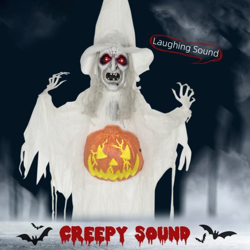 HOMCOM 6ft Outdoor Halloween Decoration Witch with Pumpkin, Standing Skeleton Witch Prop Life Size with Sound and Motion Activated, Light Up Eyes, Laughing Sound, Posable Arms, White